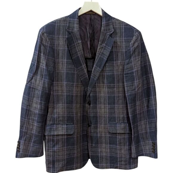 Robert Talbott Carmel Men's 41R Plaid Blue/Purple 100% Linen Blazer Two Button - Picture 1 of 10